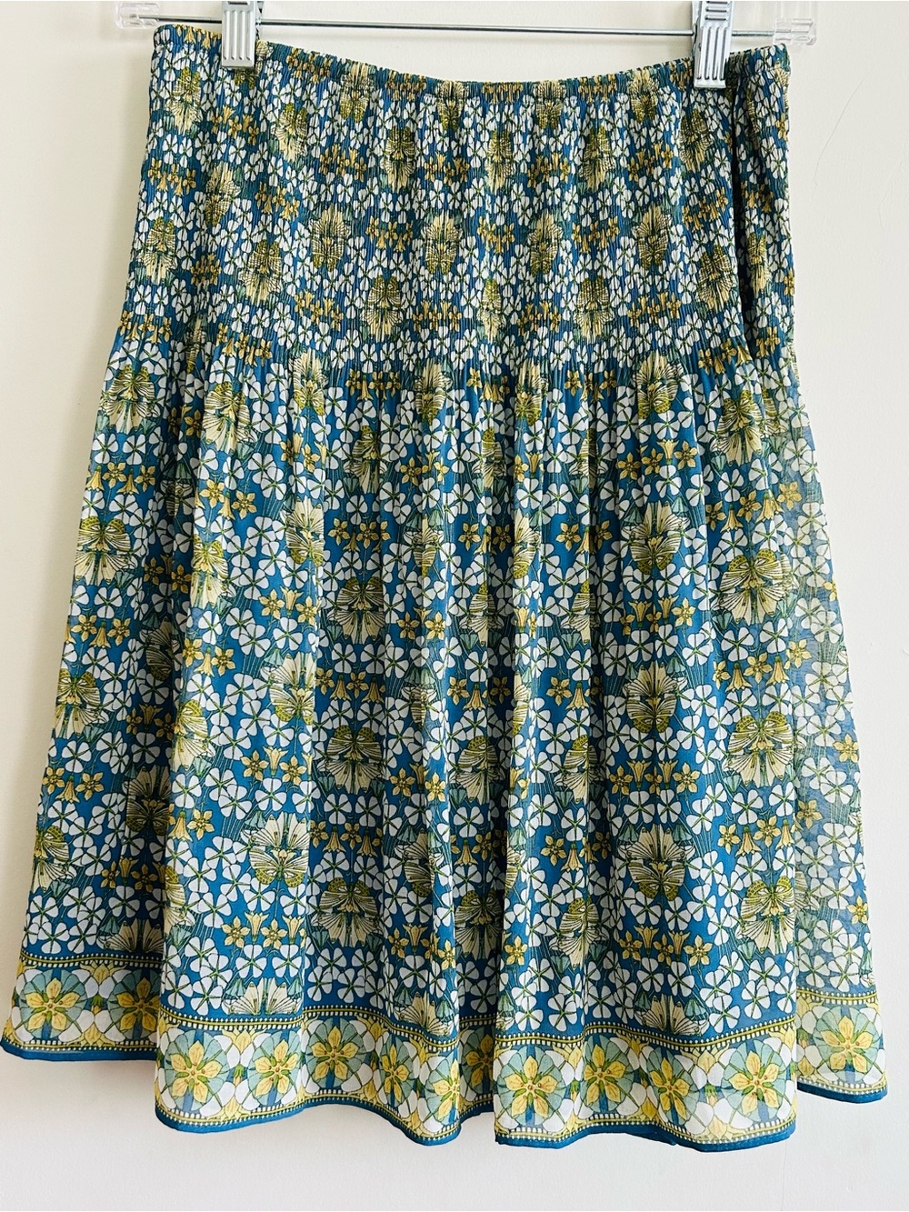 NWT Max Studio Blue Floral Smocked Waist Skirt with Green & Yellow Accents